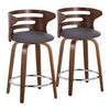 Cosi - 24" Fixed-Height Counter Stool With Swivel And Round Chrome Metal Footrest (Set of 2) - Walnut Wood And Brown Faux Leather