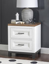 Dutton Two Drawer Nightstand — Natural White with Toasted Coconut Top and Aged Black Base