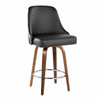 Marcel - 26" Fixed-Height Counter Stool With Swivel And Round Chrome Metal Footrest (Set of 2) - Walnut Wood And Black Faux Leather With Chrome Nailhead Trim
