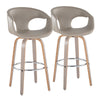 Curvo - 30" Fixed-Height Barstool With Swivel And Round Chrome Metal Footrest (Set of 2) - Light Gray Wood And Light Gray Faux Leather