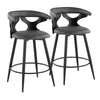 Gardenia - 25" Fixed-Height Counter Stool With Swivel And Rounded Black Metal Footrest (Set of 2) - Black Metal, Black Wood And Gray Faux Leather